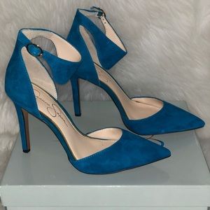 Jessica Simpson Teal Blue Suede Pointed Toe Ankle Strap Heels